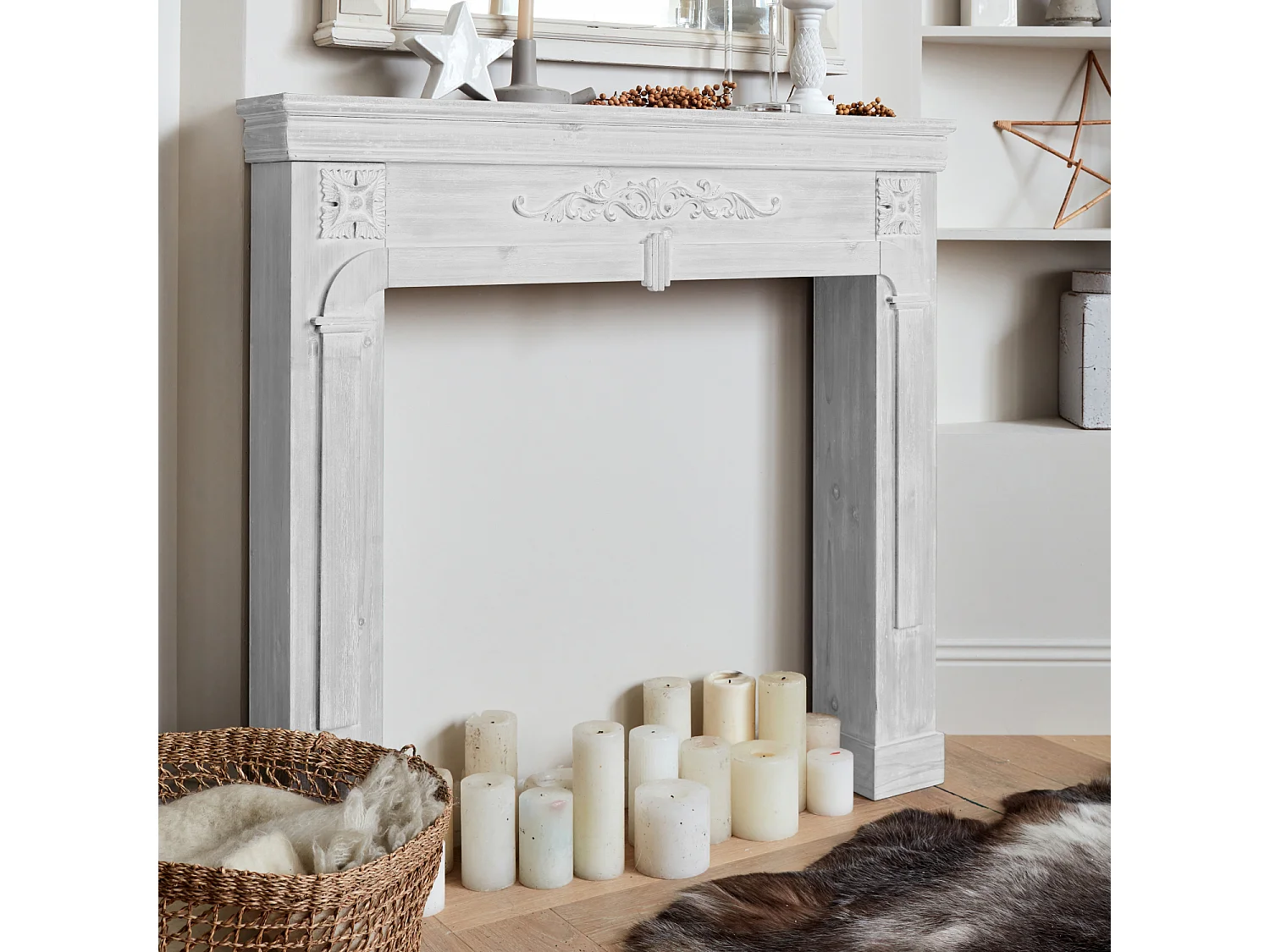 Manteau de cheminée - Romance - décor bois blanc cérusé