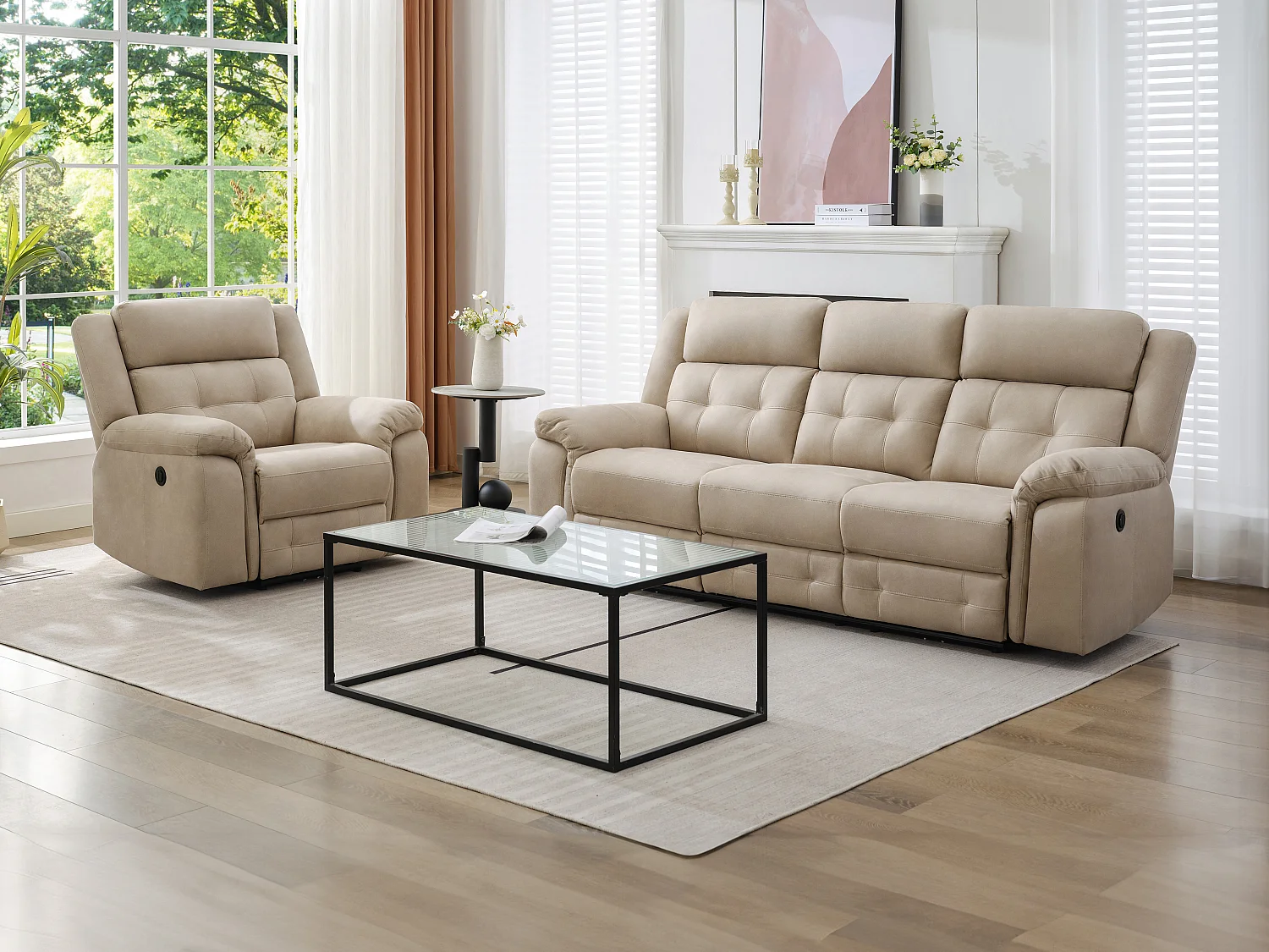 Canapé 3 places et fauteuil relax électrique en microfibre beige ORTIANO