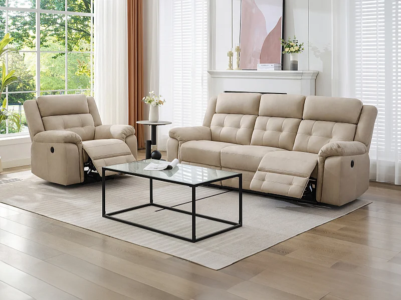 Canapé 3 places et fauteuil relax électrique en microfibre beige ORTIANO