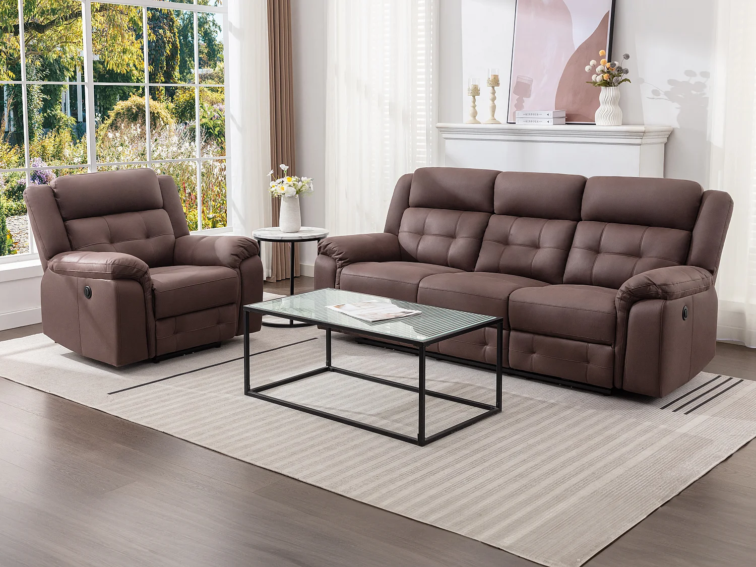 Elektrische driezitsrelaxbank en -fauteuil van bruin microvezel met verouderd leereffect ORTIANO