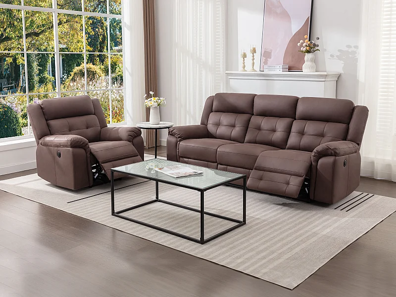 Canapé 3 places et fauteuil relax électrique en microfibre aspect cuir vieilli marron ORTIANO