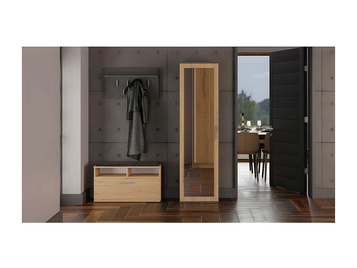 ATARA - Armario de recibidor con espejo grande - 180x50x35 cm - 2 estantes + espacio para colgar - Mueble de recibidor