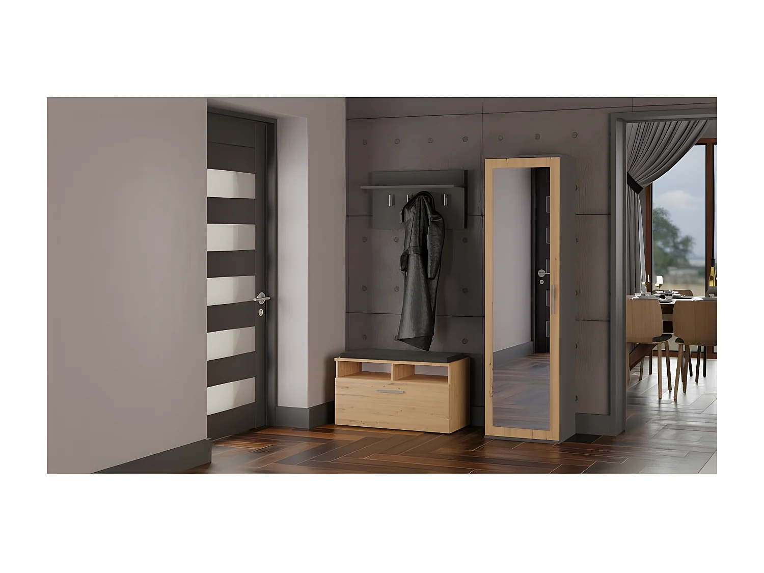 ATARA - Armoire d'entrée avec grand miroir - 180x50x35 cm - 2 étagères + penderie - Meuble d'entrée