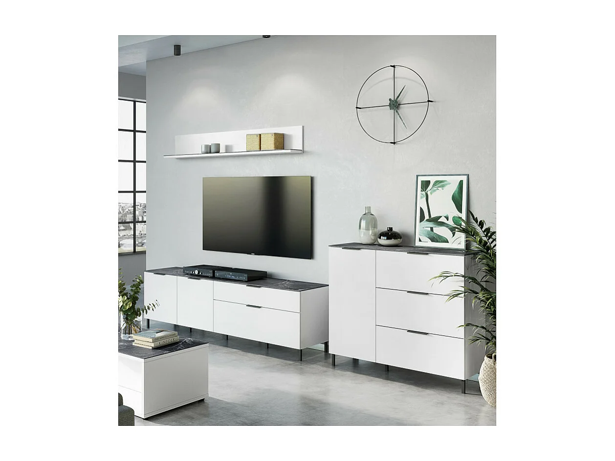 Commode blanc et marbre une porte trois tiroirs 109x40cm MARBLE