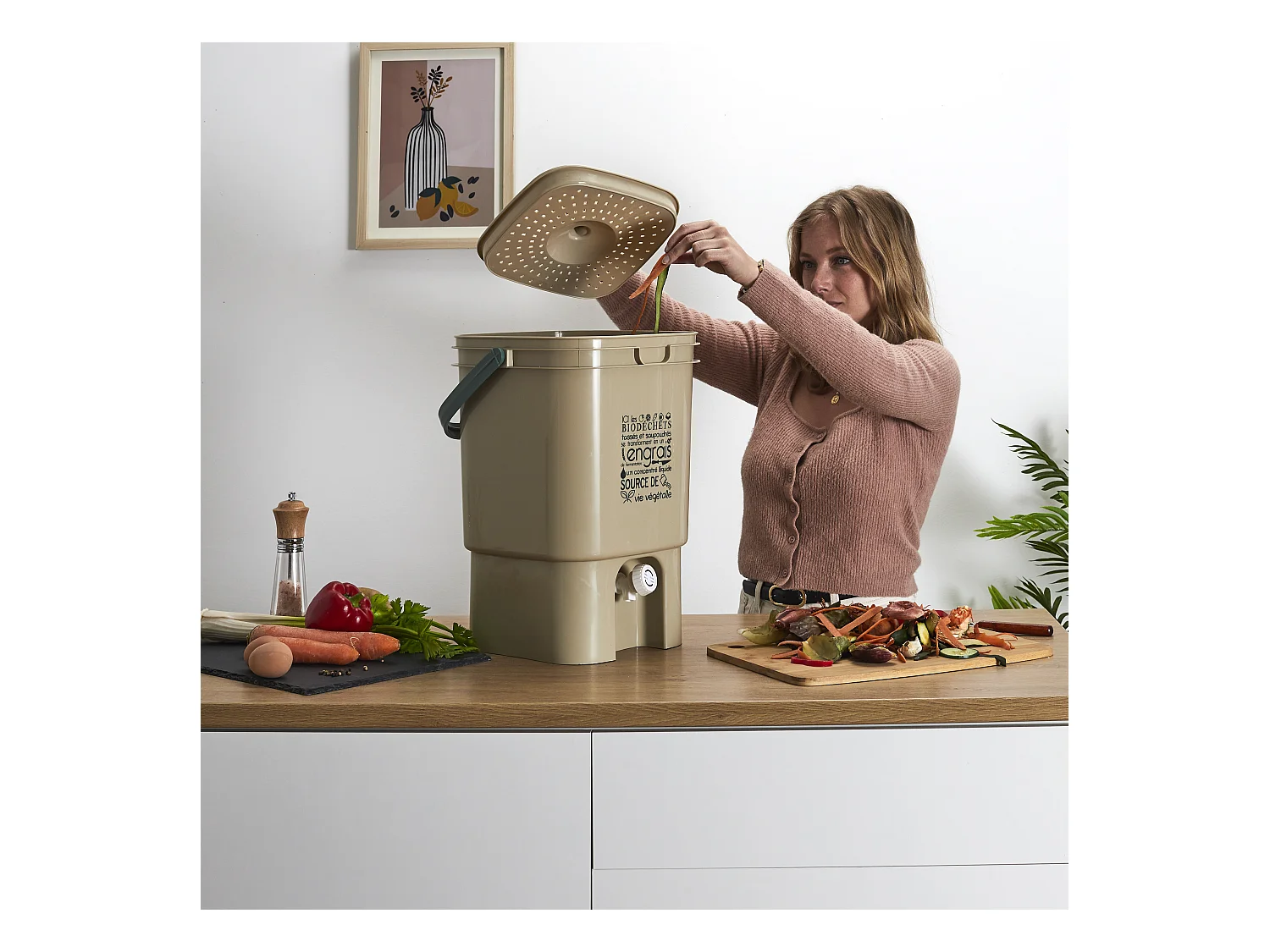 Composteur De Cuisine Avec Robinet Et Spray Beige, Vert