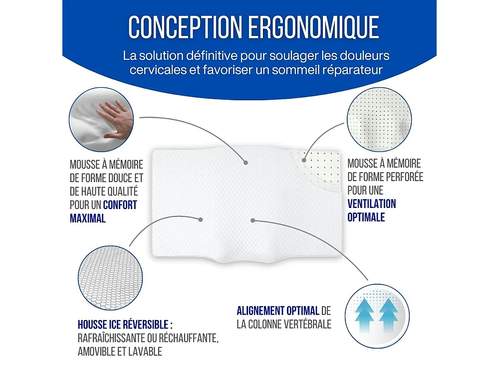 Almohada Ergonómica Antiarrugas, Antiacúfenos - Extra Grande - 65x42x10 - ERGO