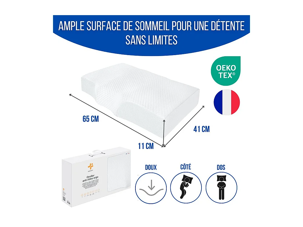 Almohada Ergonómica Antiarrugas, Antiacúfenos - Extra Grande - 65x42x10 - ERGO