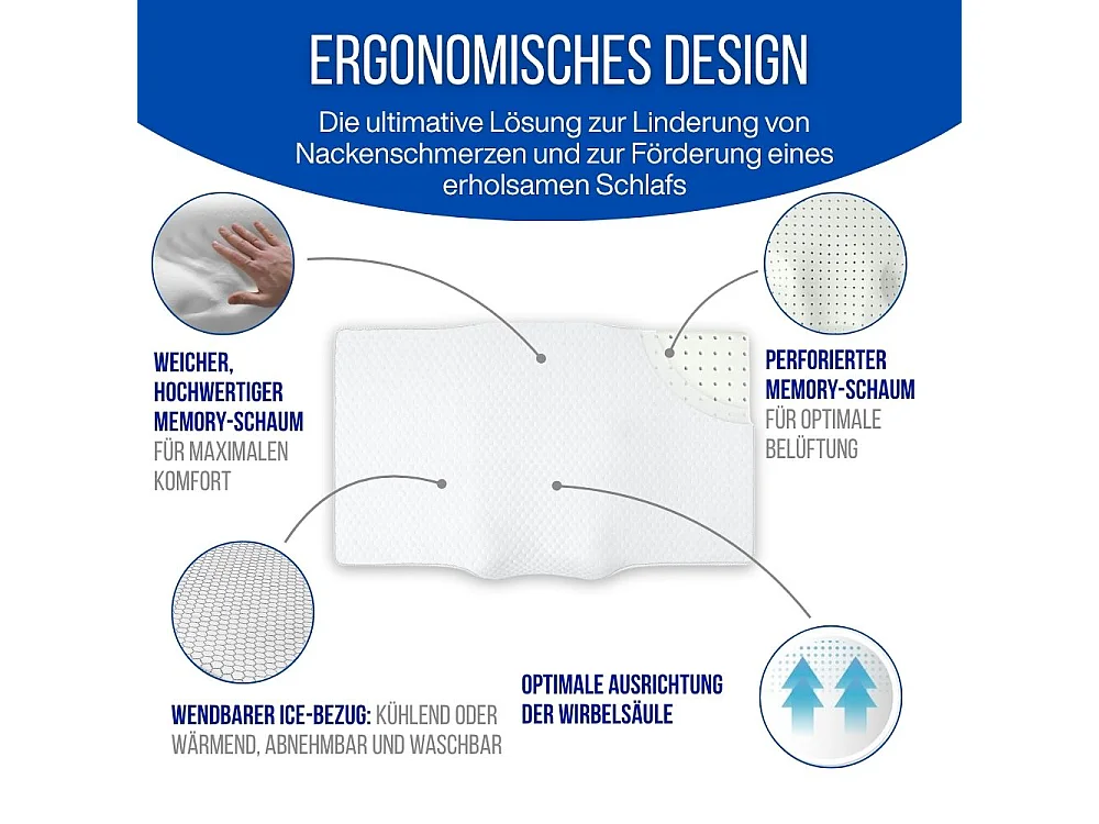 Almohada Ergonómica Antiarrugas, Antiacúfenos - Extra Grande - 65x42x10 - ERGO