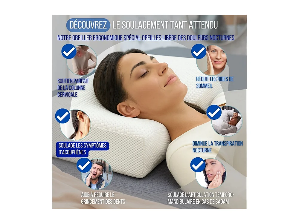 Anti-Falten Ergonomisches Kissen, Anti-Tinnitus - Extra Groß - 65x42x10 - ERGO
