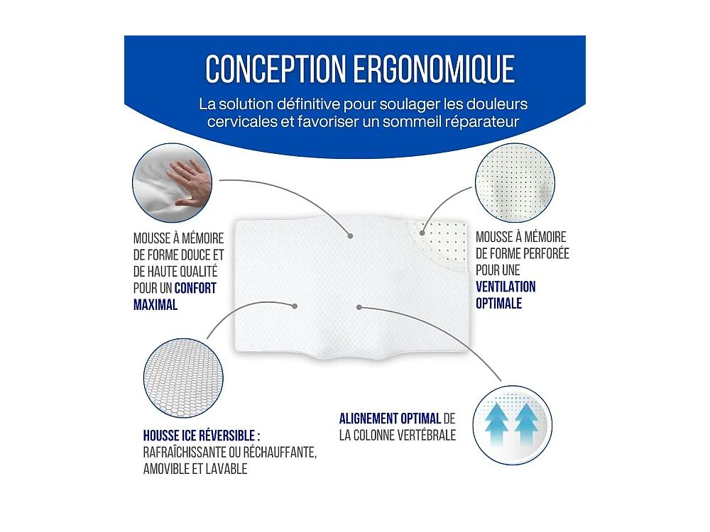 Anti-Falten Ergonomisches Kissen, Anti-Tinnitus - Extra Groß - 65x42x10 - ERGO