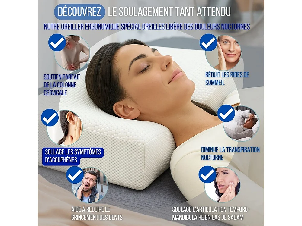 Oreiller Ergonomique Anti-Rides, Anti-Acouphène - Extra Grande - 65x42x10 - ERGO