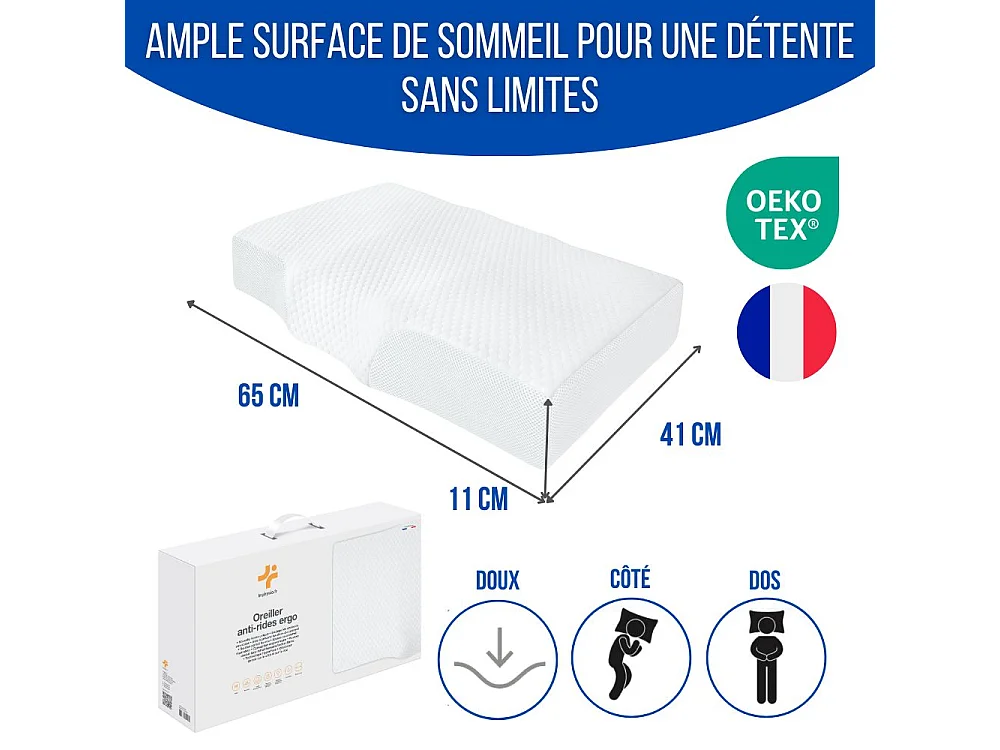 Oreiller Ergonomique Anti-Rides, Anti-Acouphène - Extra Grande - 65x42x10 - ERGO