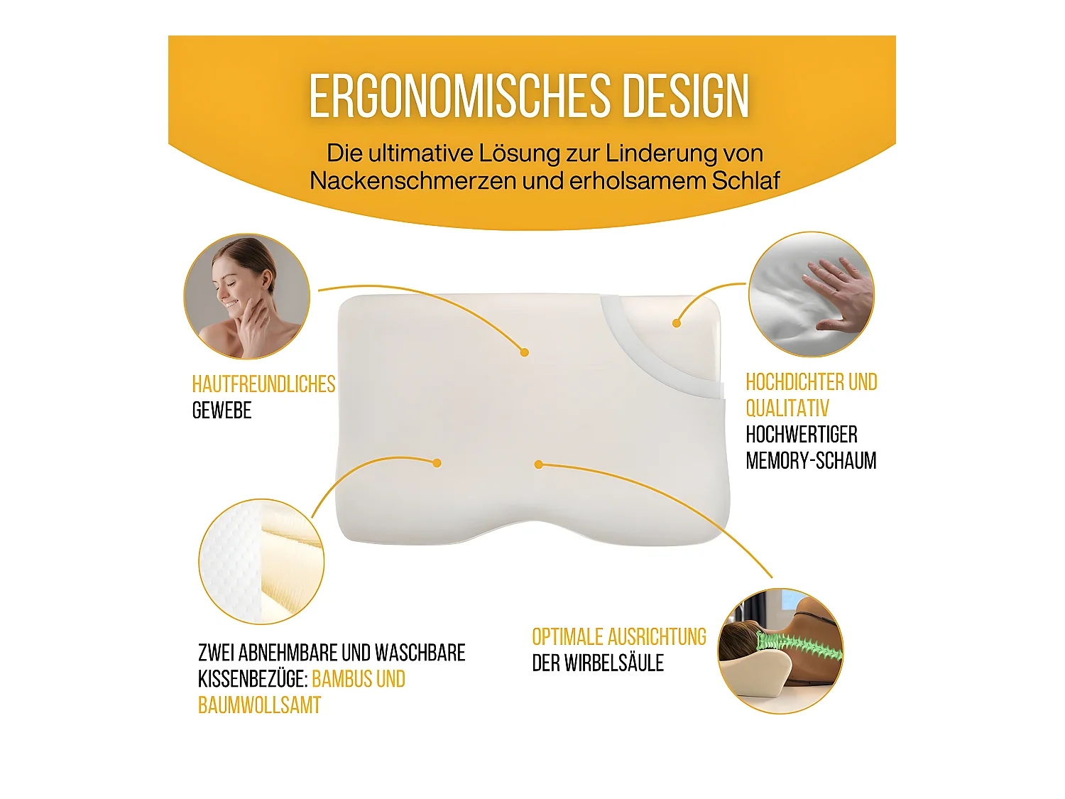 Almohada Cervical Ergonómica DE LUJO - Espuma con Memoria – 60x35x12 - Dos Fundas de Almohada