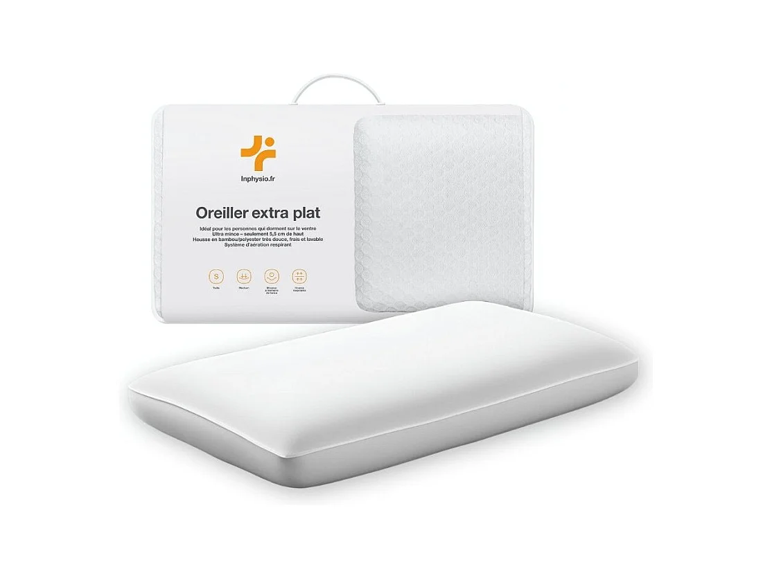 Oreiller EXTRA PLAT pour Personnes qui Dorment sur le Ventre S et Taie en Satin Extra – 50x30x5,5 - INPHYSIO