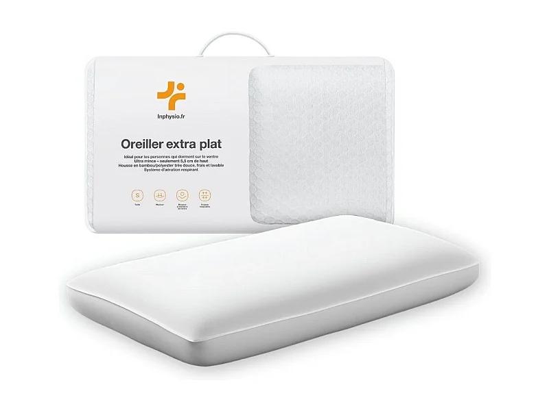 Oreiller EXTRA PLAT pour Personnes qui Dorment sur le Ventre S et Taie en Satin Extra – 50x30x5,5 - INPHYSIO
