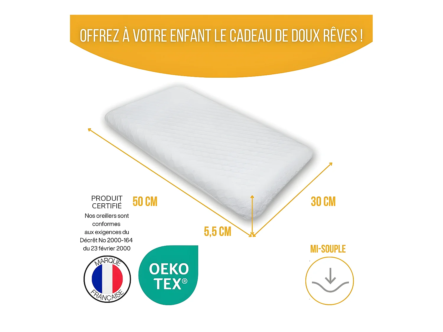 Almohada Infantil Transpirable de Tela de Bambú 50x30x5,5 INPHYSIO