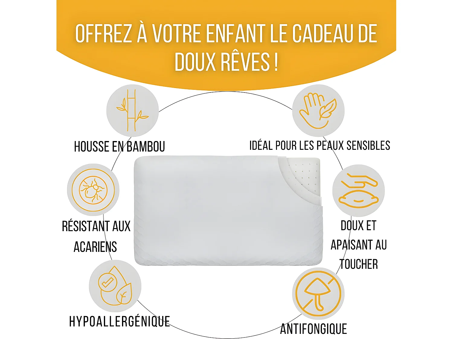 Oreiller Enfant Respirant en Tissu de Bambou 50x30x5,5 INPHYSIO