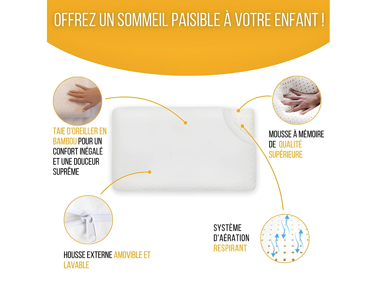 Oreiller Enfant Respirant en Tissu de Bambou 50x30x5,5 INPHYSIO