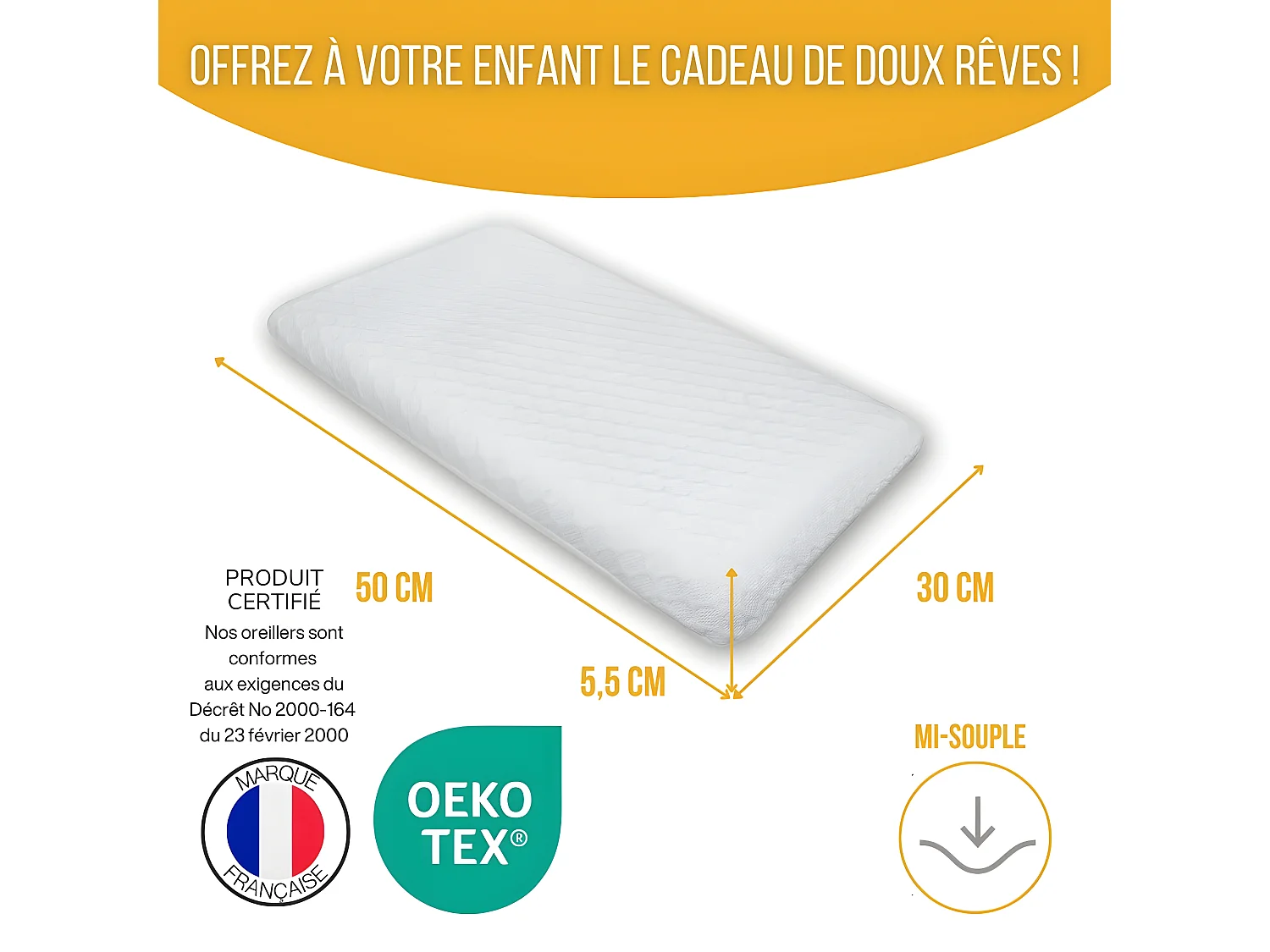 Oreiller Enfant Respirant en Tissu de Bambou 50x30x5,5 INPHYSIO