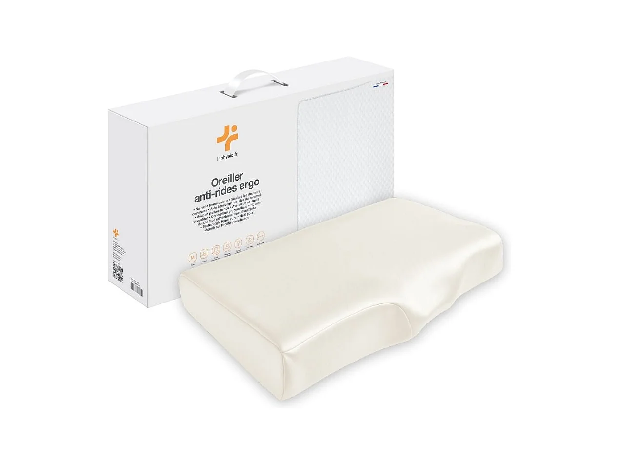 Oreiller Ergonomique Anti-Rides avec Taie d'Oreiller en Soie - Extra Grande - 65x42x10 - ERGO
