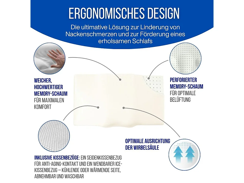 ERGO Ergonomisch Anti-Rimpel Kussen met Zijden Kussensloop - Extra Groot - 65x42x10