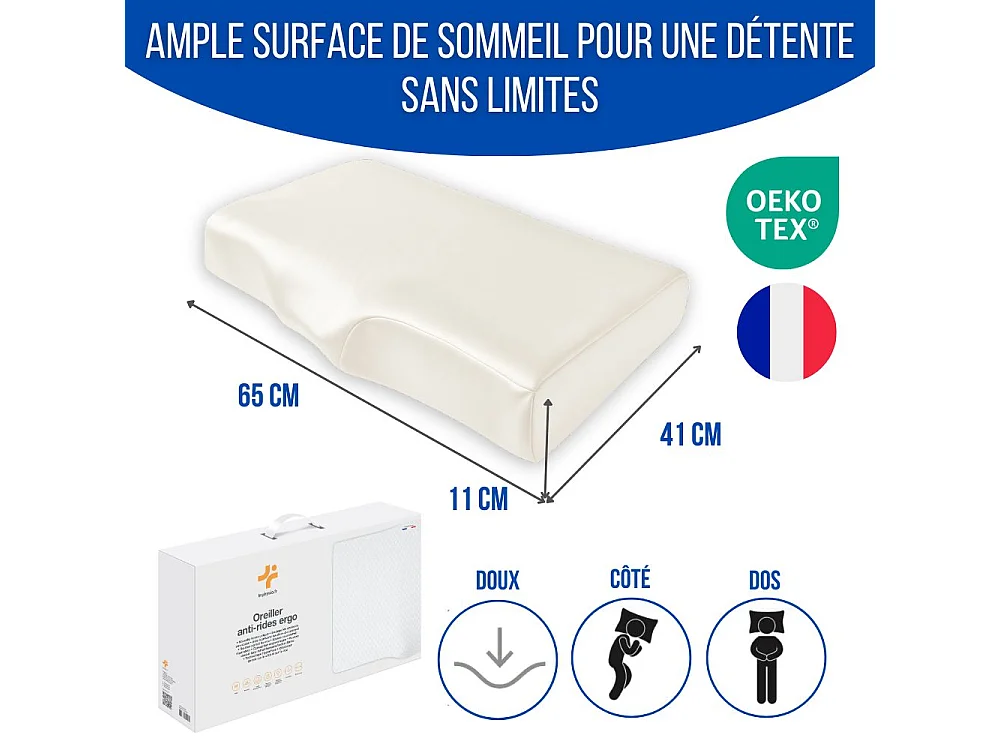 Oreiller Ergonomique Anti-Rides avec Taie d'Oreiller en Soie - Extra Grande - 65x42x10 - ERGO