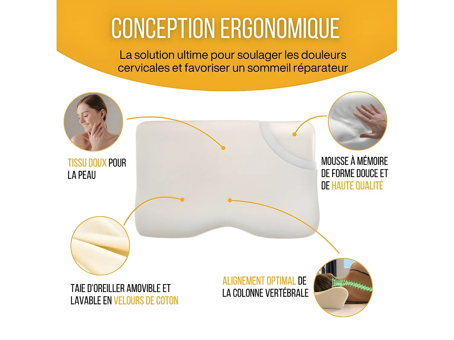 Oreiller Ergonomique Cervical en Mousse à Mémoire - 54x33x10 - CONFORT PLUS