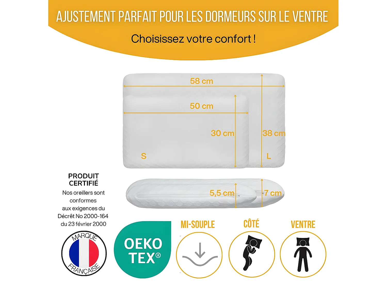 Oreiller EXTRA PLAT pour Personnes qui Dorment sur le Ventre S – 50x30x5,5 - INPHYSIO