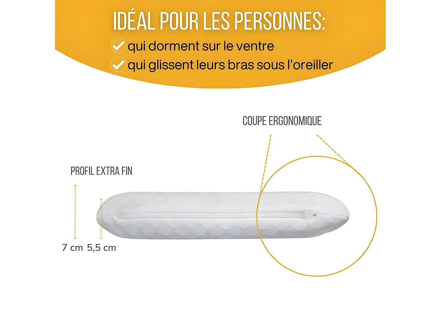 Oreiller EXTRA PLAT pour Personnes qui Dorment sur le Ventre S – 50x30x5,5 - INPHYSIO
