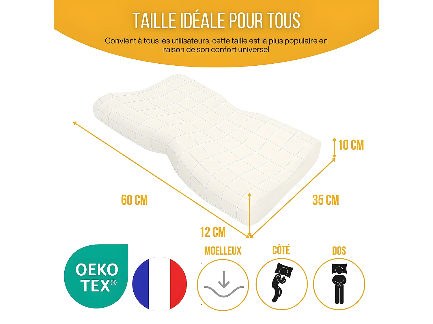 Oreiller Ergonomique Cervical - Deux hauteurs différentes - 60x35x12 - DUO PREMIUM