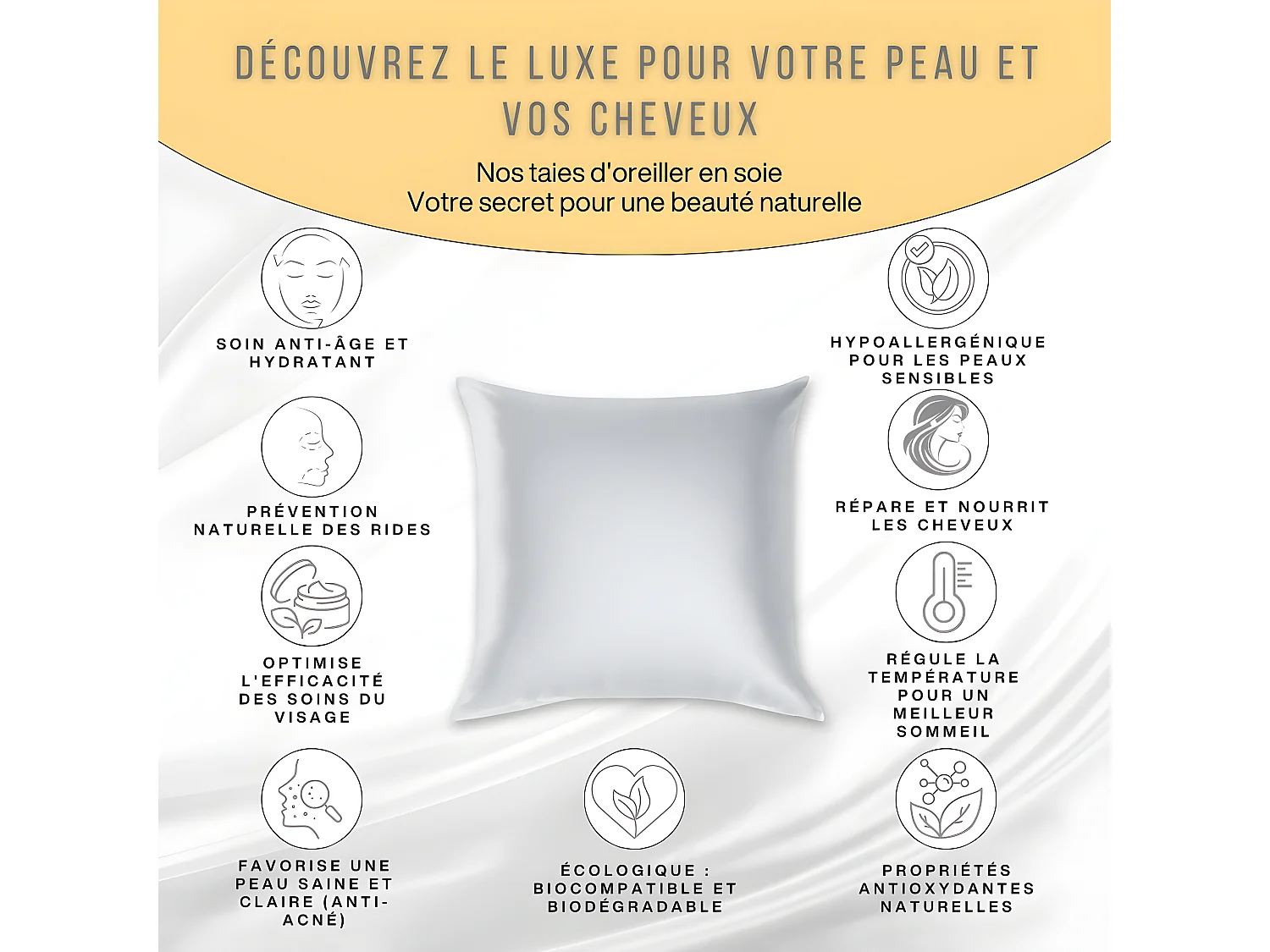 Taie d'Oreiller en Pure Soie de Mûrier 65x65 INPHYSIO