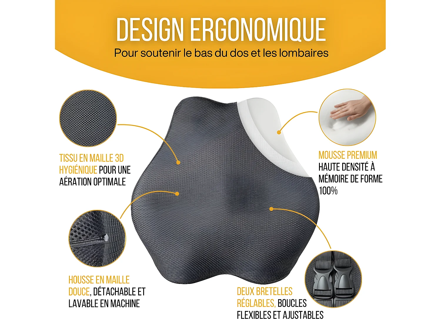 Cojín de Soporte Lumbar Ergonómico Alargado - 45x41x10,5 - espuma con memoria - Correas ajustables - INPHYSIO