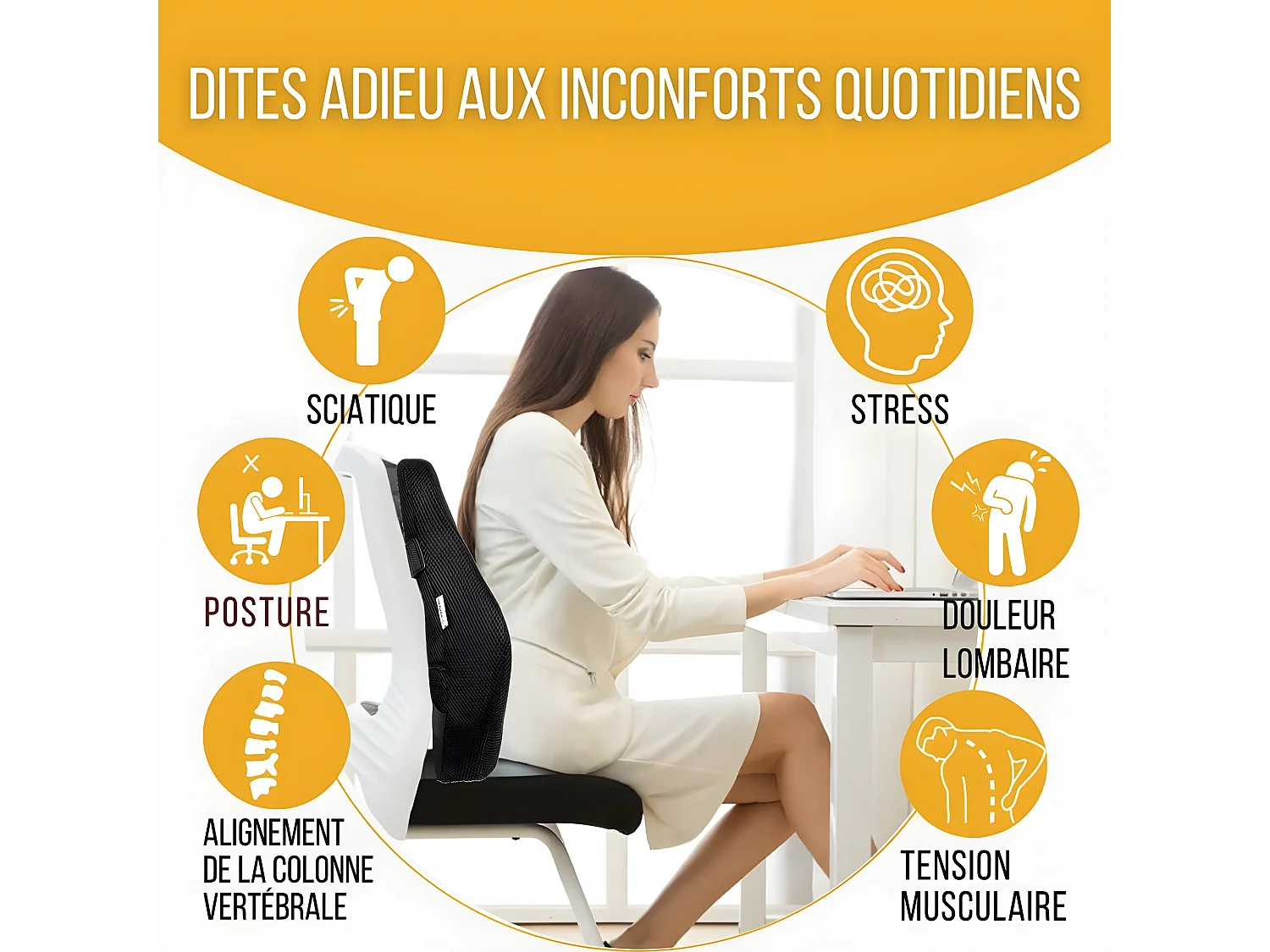 Cojín de Soporte Lumbar Ergonómico Alargado - 45x41x10,5 - espuma con memoria - Correas ajustables - INPHYSIO