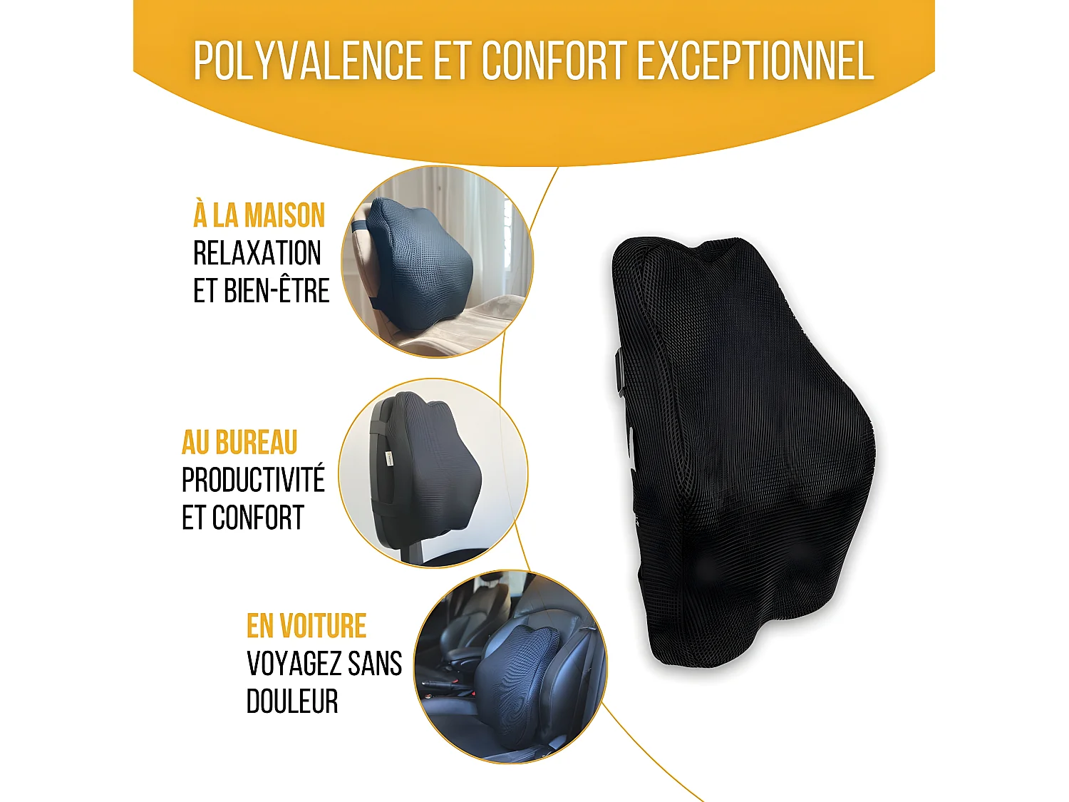 Cojín de Soporte Lumbar Ergonómico Alargado - 45x41x10,5 - espuma con memoria - Correas ajustables - INPHYSIO