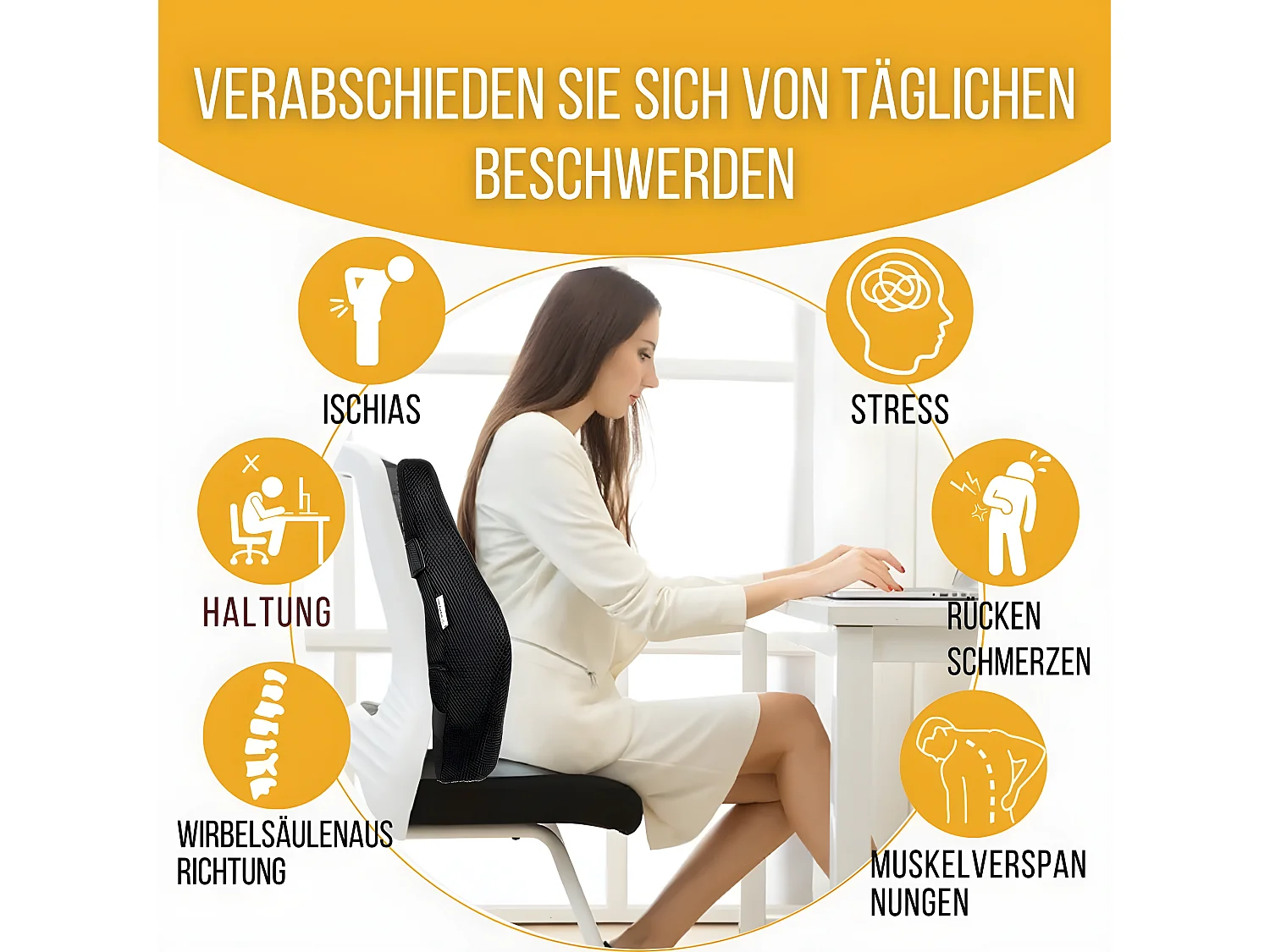 Cojín de Soporte Lumbar Ergonómico Alargado - 45x41x10,5 - espuma con memoria - Correas ajustables - INPHYSIO