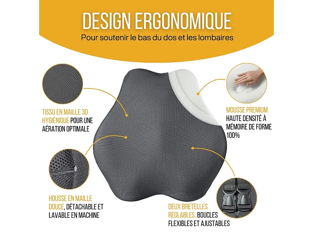 Coussin de Soutien Lombaire Allongé Ergonomique - 45x41x10,5 - en mousse à mémoire de forme - Sangles réglables - INPHYSIO