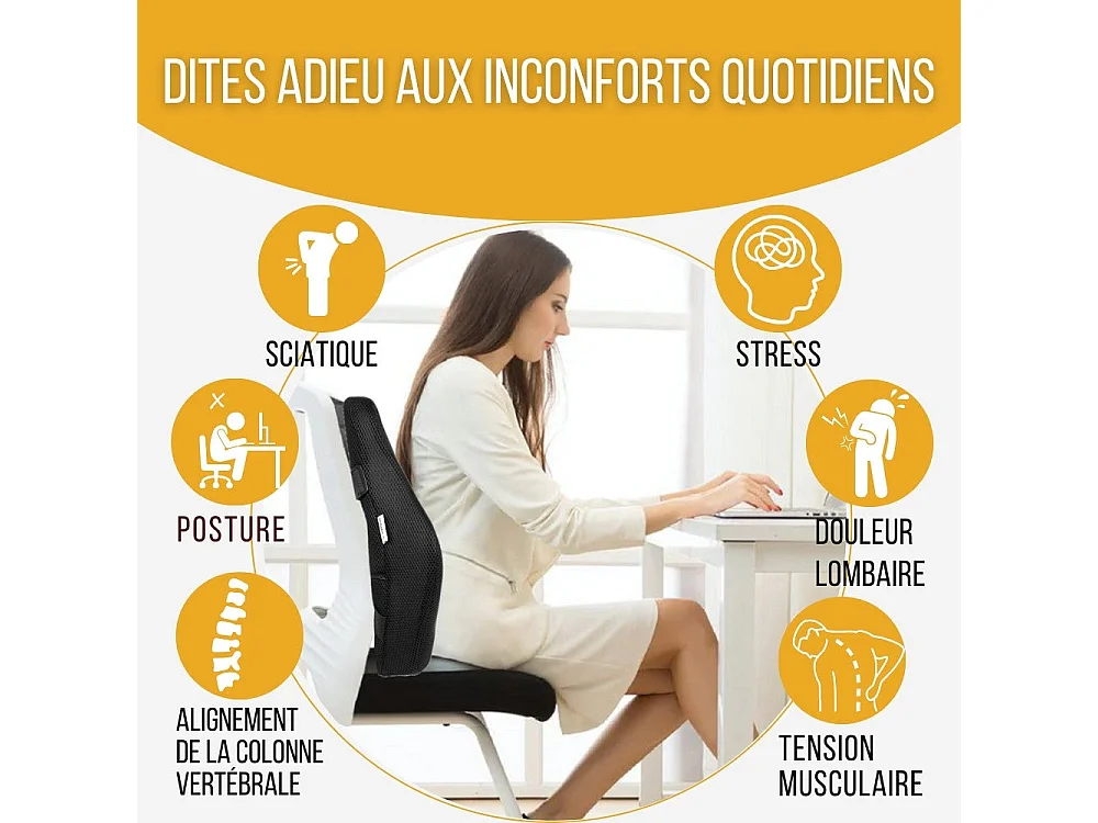 Coussin de Soutien Lombaire Allongé Ergonomique - 45x41x10,5 - en mousse à mémoire de forme - Sangles réglables - INPHYSIO