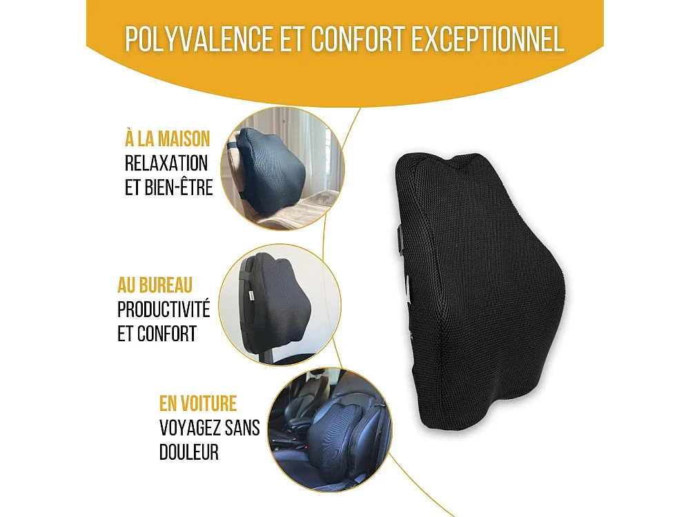 Coussin de Soutien Lombaire Allongé Ergonomique - 45x41x10,5 - en mousse à mémoire de forme - Sangles réglables - INPHYSIO