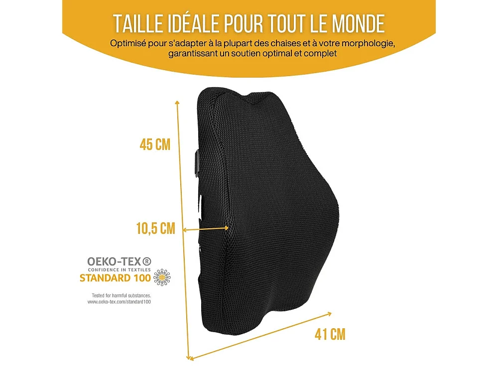 Coussin de Soutien Lombaire Allongé Ergonomique - 45x41x10,5 - en mousse à mémoire de forme - Sangles réglables - INPHYSIO
