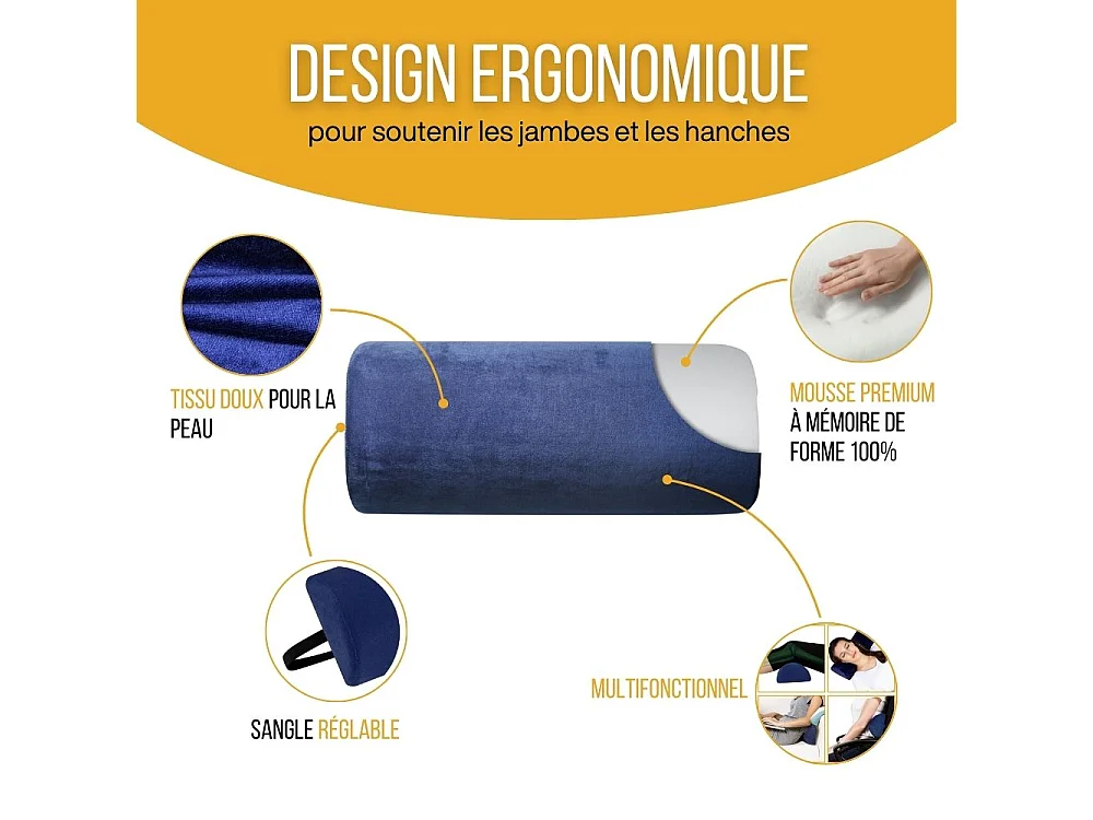 Demi-Traversin de Soutien Lombaire à Mémoire de Forme MULTIFONCTIONNEL - 42x18x10 -Sangle réglable