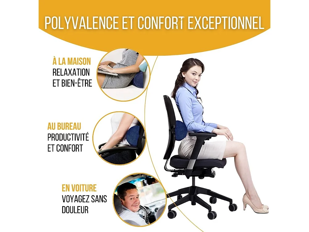 Demi-Traversin de Soutien Lombaire à Mémoire de Forme MULTIFONCTIONNEL - 42x18x10 -Sangle réglable