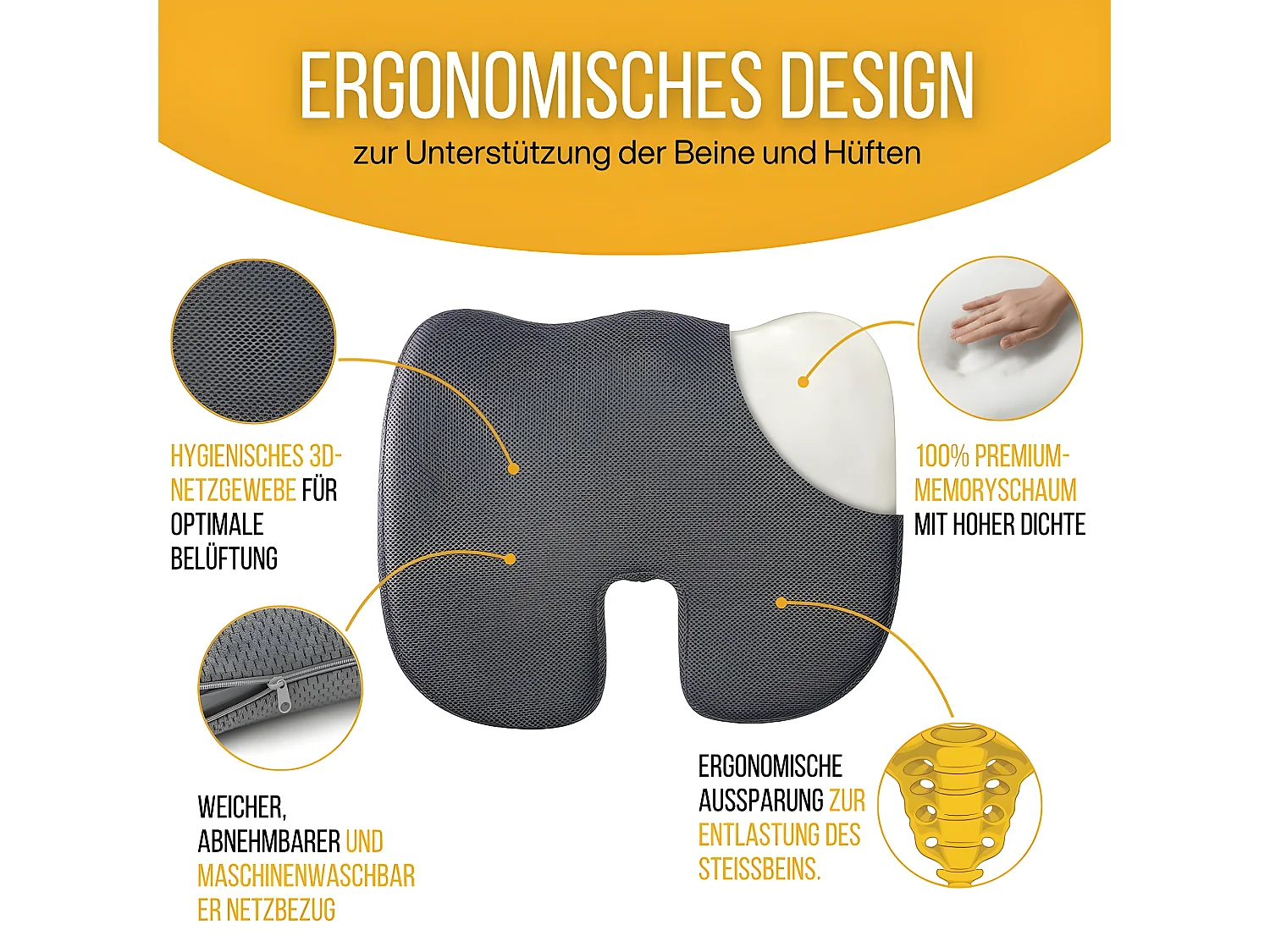 Cuscino Ergonomico a Forma di U per il Coccige - 45x35x7 - CUSCINO GLUTEI