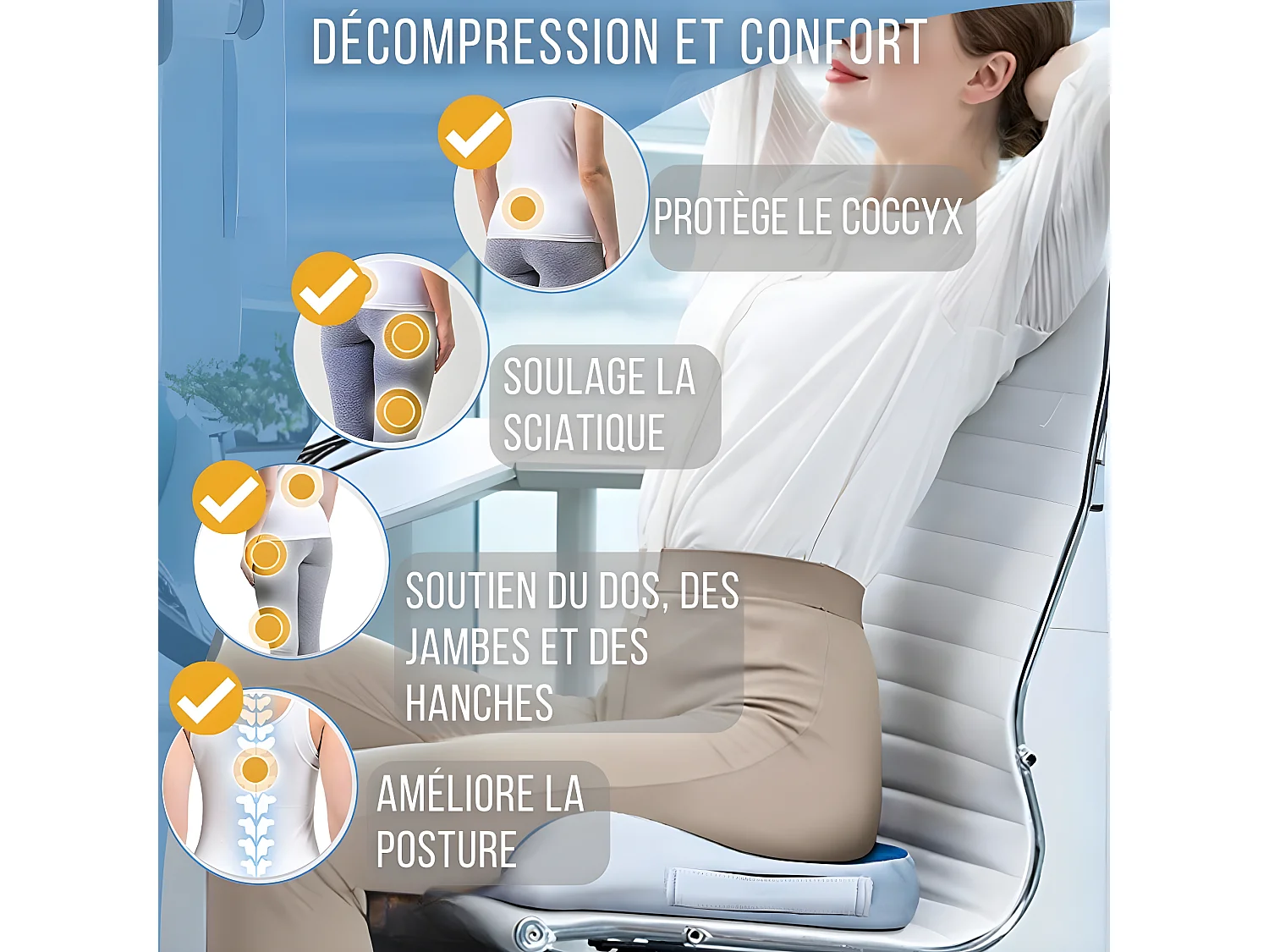 Coussin de Siège Ergonomique en Mousse a Mémoire de Forme - 45x37x9 - INPHYSIO