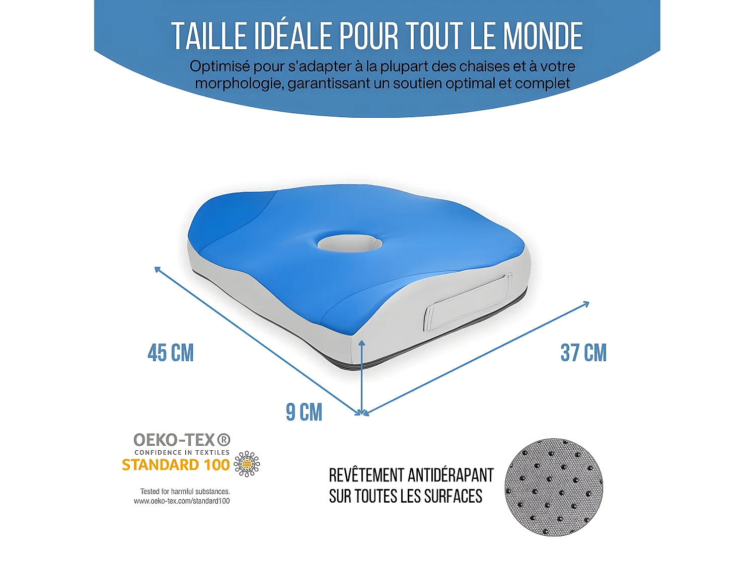 Coussin de Siège Ergonomique en Mousse a Mémoire de Forme - 45x37x9 - INPHYSIO