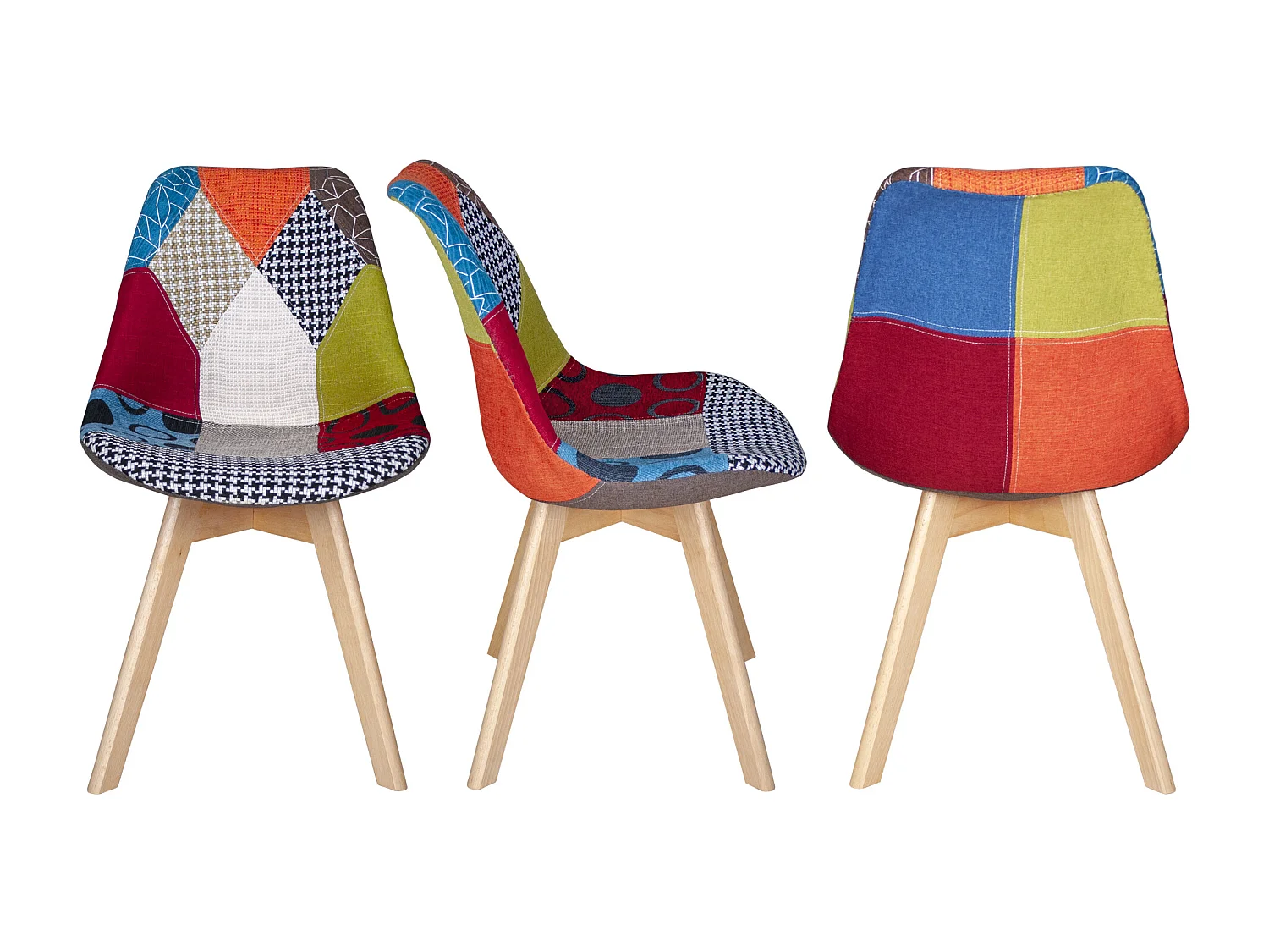 Sedia imbottita in tessuto patchwork con gamba in legno mod. Mia