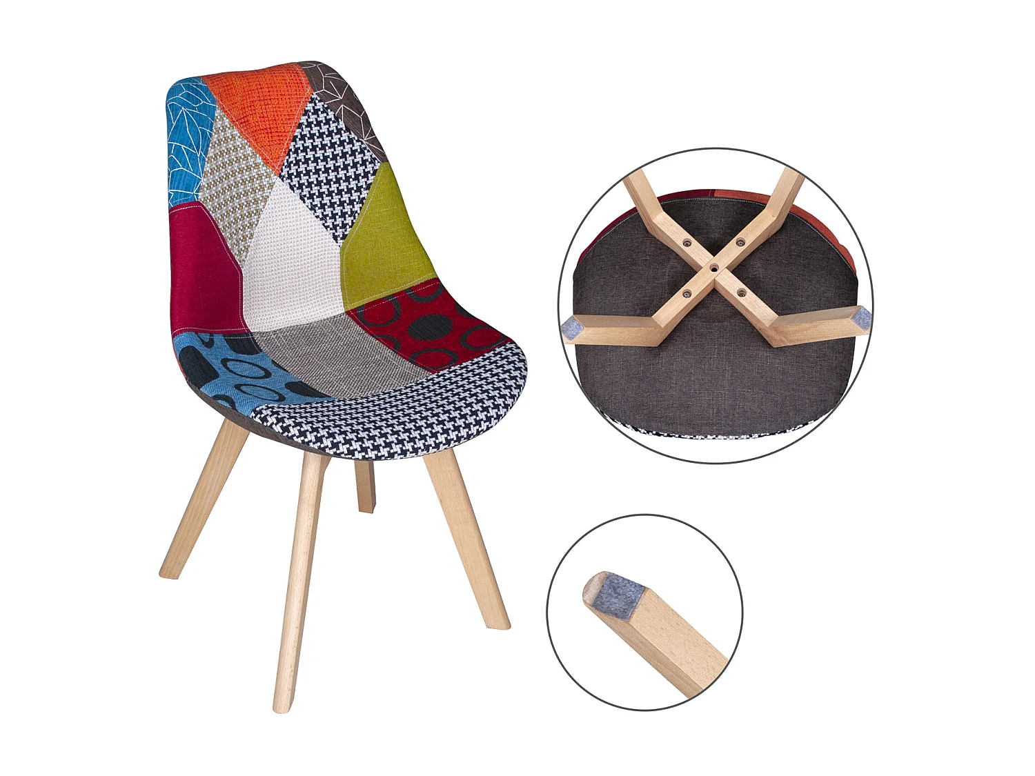 Sedia imbottita in tessuto patchwork con gamba in legno mod. Mia