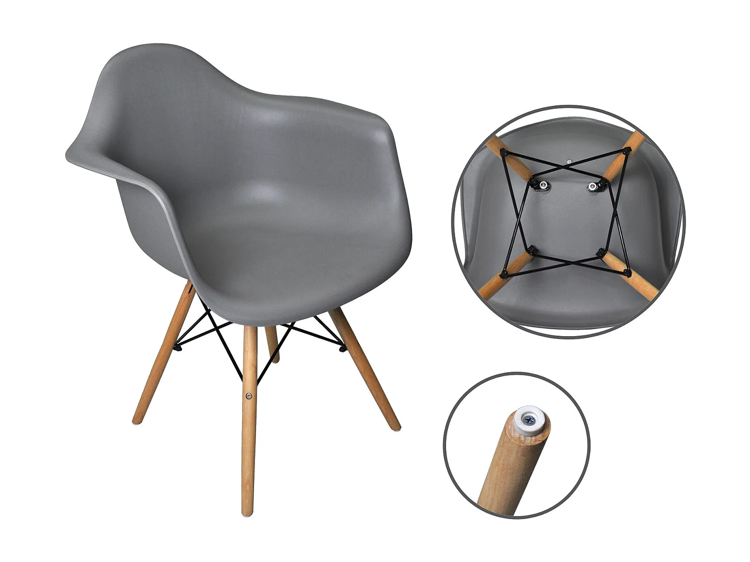 Sedia in plastica grigia, poltrona con piedi in legno (2 pz)