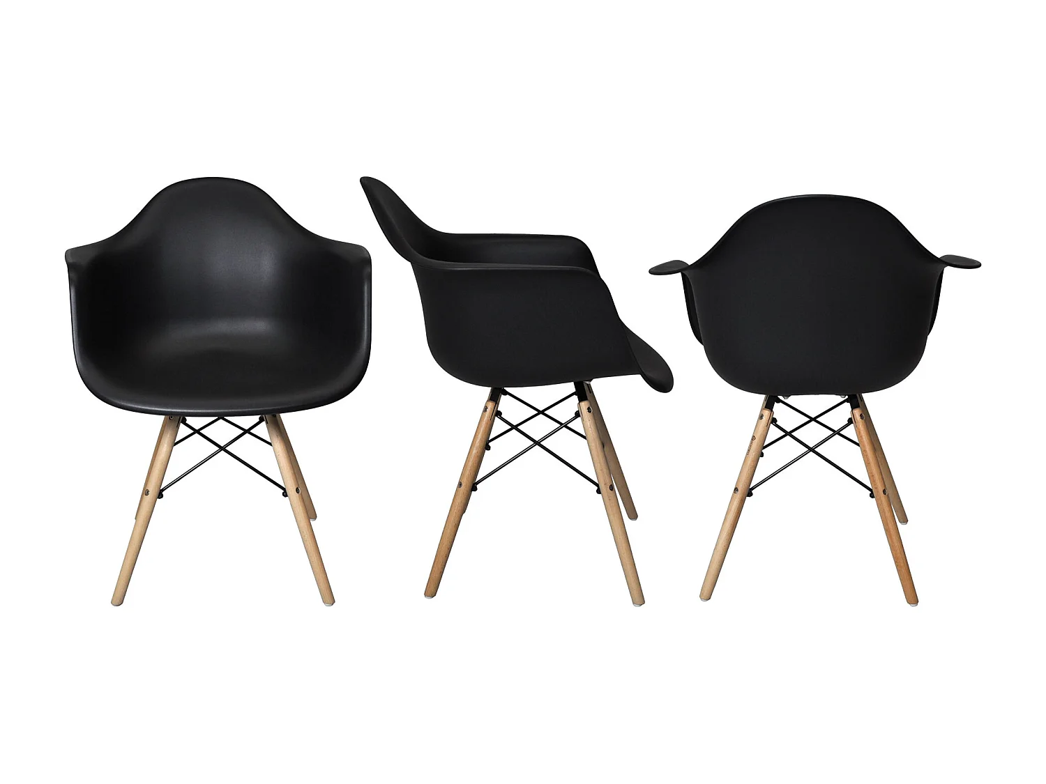 Sedia in plastica nera, poltrona con piedi in legno (2 pz)