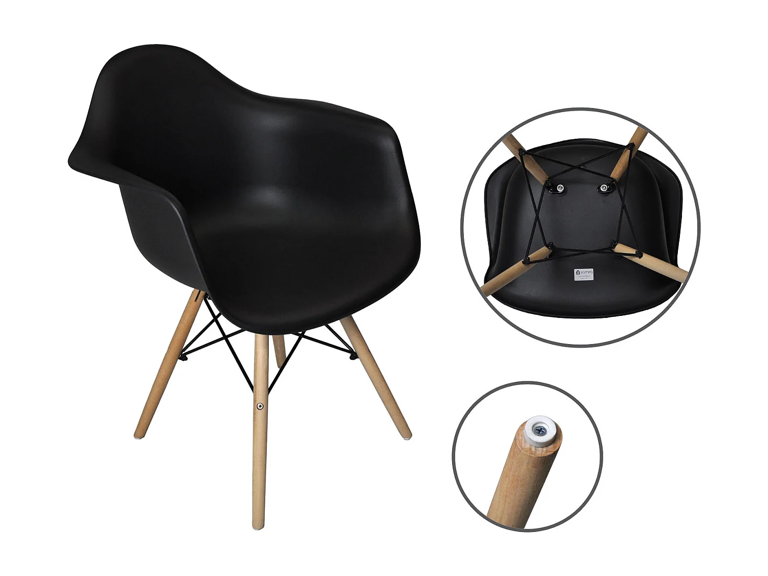 Sedia in plastica nera, poltrona con piedi in legno (2 pz)