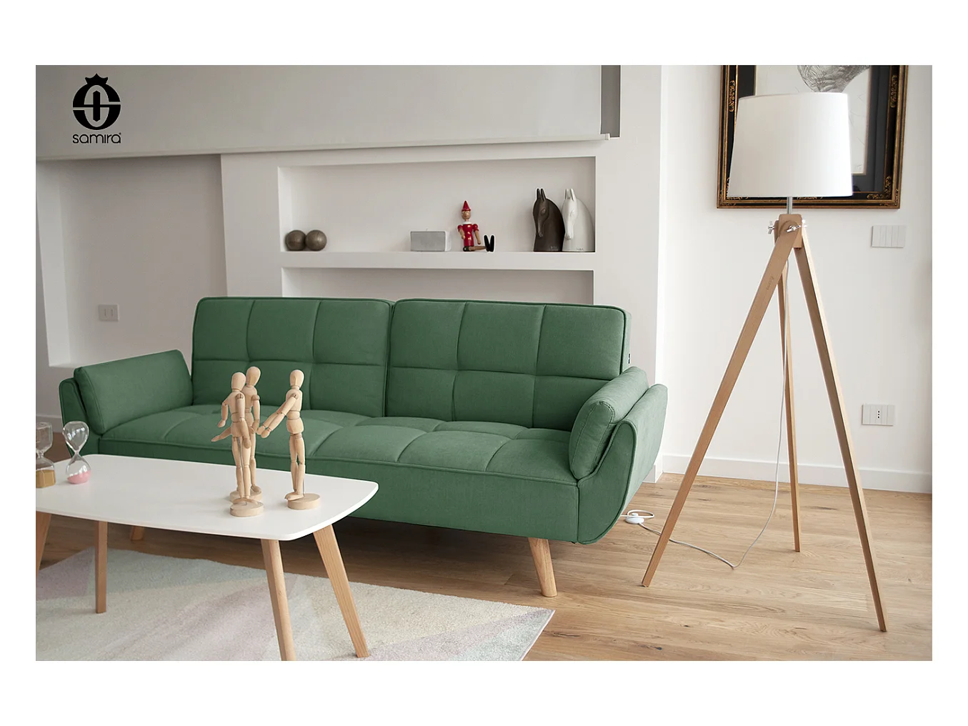 Divano letto clic clac in tessuto vellutato verde abete - Ambra piede legno naturale